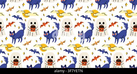 Cute ghost with coffee cup and black cat doodle vector seamless pattern for autumn packaging Stock Vector