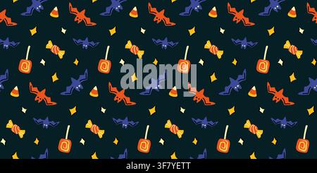 Halloween bat and sweet candy doodle vector seamless pattern for dark wrapping paper Stock Vector