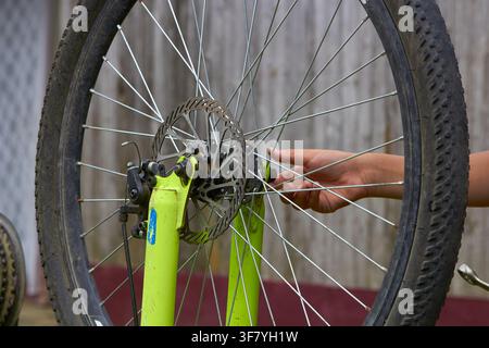 mountain bike wheel repair dismantling Stock Photo