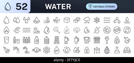 Water line icon set. Droplet, hydration, filtration, purification, faucet, drink glass, blood drop, oil, chemistry linear minimal vector illustration Stock Vector