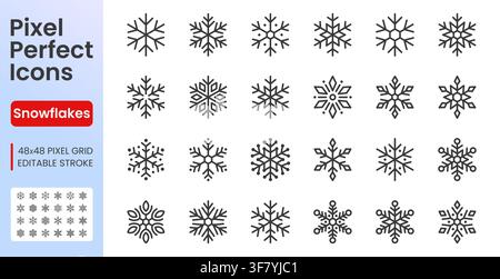 Snowflakes line icon set. Winter snow fall, Christmas decoration element, New Year ice crystal, frozen linear minimal vector illustration. Simple Stock Vector