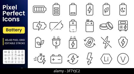 Battery line icon set. Charging, power level, fast charge, car accumulator, solar energy voltage symbol linear minimal vector illustration. Simple Stock Vector
