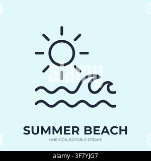 Summer beach line icon. Sun with sea waves linear vector illustration. Thin sign of ocean water, sunrise ripples, vacation, travel label, web Stock Vector