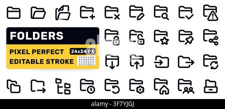 Folder line icon set. Open storage, file, search, download upload, lock, share archive pictogram minimal vector illustration. Simple bold outline sign Stock Vector