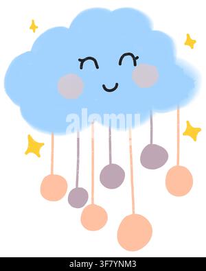 Adorable hand-drawn blue cloud featuring a smiling face, pink cheeks, hanging pastel rain or pom-pom ornaments, and yellow sparkling stars. Stock Photo