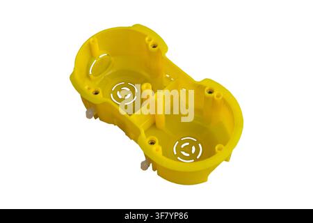 yellow electric box for socket on a white background Stock Photo