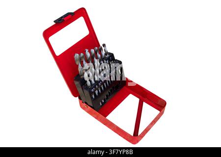 in a red metal box drills on a white background Stock Photo