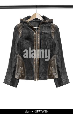 Black suede jacket hanging on clothes rack isolated over white Stock Photo