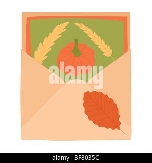 Open envelope with pumpkin illustration, wheat and autumn leaf clipart for seasonal correspondence. Stock Vector