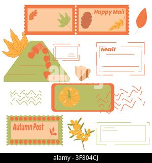 Autumn postal labels, postage stamps, envelopes, address frames and seasonal decorative elements. Stock Vector