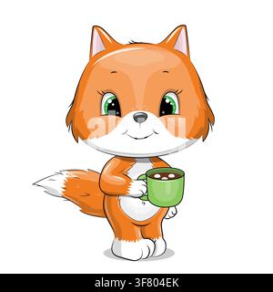 Cute Cartoon Fox and Green Mug with Hot Chocolate. Vector illustration of the animal on white background. Stock Vector