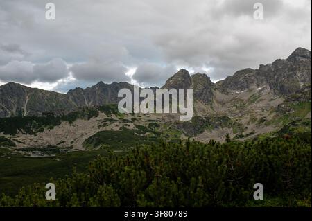 Rugged mountain range under a dramatic cloudy sky Stock Photo