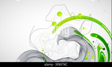 Abstract background with fluid green shapes, wireframe 3D grid wave, topographic lines and plexus network. Vector Stock Vector