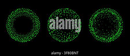 Green halftone dotted circle set. Abstract geometric vector elements. Technology HUD UI radar dot patterns isolated on black background. Minimalist gr Stock Vector