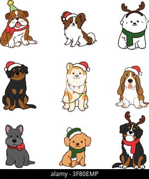 Simple and cute Christmas illustrations with adorable dogs with outlines Stock Vector