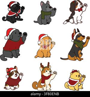 Simple and cute Christmas illustrations with adorable dogs waving hands outlined Stock Vector