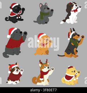 Simple and cute Christmas illustrations with adorable dogs waving hands Stock Vector
