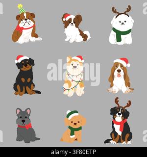 Simple and cute Christmas illustrations with adorable dogs Stock Vector