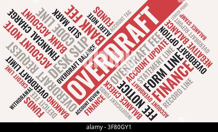 Overdraft word cloud concept in red and gray finance text. Overdraft word cloud on white background Stock Vector