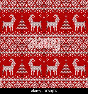 Knitted seamless pattern for 2027 New Year of the Goat. Vector background with cute goats, Christmas trees and abstract ornaments. Red and white Stock Vector