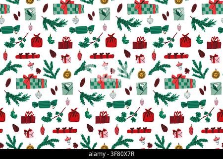 Christmas seamless pattern with wrapped gifts, evergreen branches, berries, bows and festive decorations, hand drawn holiday illustration for fabric Stock Vector
