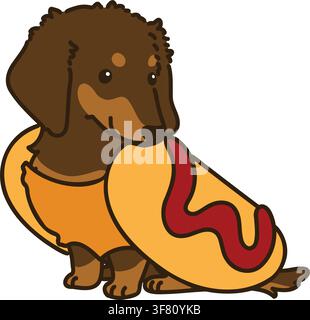 Simple and cute Halloween illustration of hot dog Miniature Dachshund outlined Stock Vector
