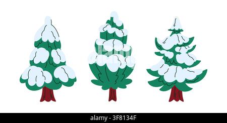 Snow Covered Christmas Fir Trees Collection, Hand Drawn Winter Evergreen Trees with White Snow and Festive Holiday Style Stock Vector