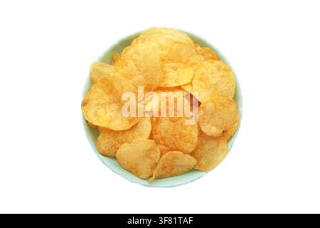 Potato chips on plate isolated on white background. Top view Stock Photo