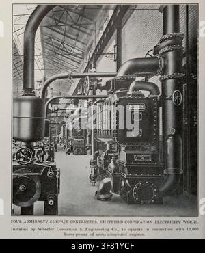 Industrial facility interior showcasing multiple Wheeler surface condensers connected to extensive piping, representing a significant historical power generation infrastructure. From the Article STEAM-CONDENSER DESIGN AND PRACTICE. by Dr. Jos. H. Hart. From The Engineering Magazine Devoted to Industrial Progress Volume XXXVII April - September 1909 The Engineering Magazine Co. Stock Photo