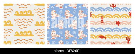 Coastal boho pattern set with ocean waves, gulls Stock Vector