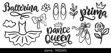 Ballet vector element set with ballerina lettering Stock Vector
