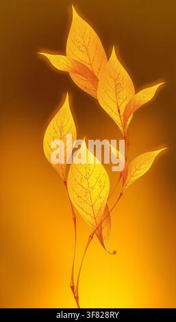 A tranquil scene featuring vibrant yellow and orange autumn leaves glowing softly against a warm orange backdrop. Stock Photo