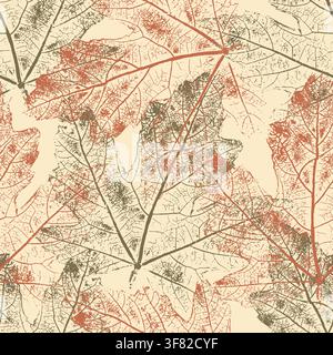 Seamless pattern with textured skeleton maple leaves and veins in terracotta, olive green and beige colors for autumn textile, grunge wrapping paper, Stock Vector