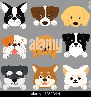 Set of flat colored dog face illustrations with paws Stock Vector
