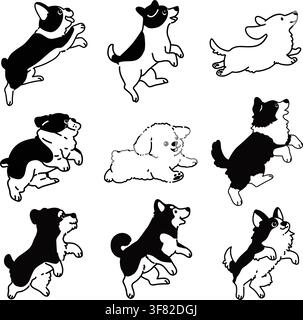 Set of hand drawn cute dogs running illustrations with only outlines Stock Vector