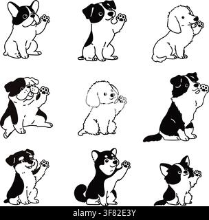 Set of hand drawn cute dogs shaking hands illustrations with only outlines Stock Vector