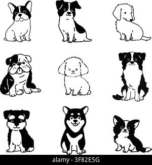 Set of hand drawn cute dogs sitting in front view illustrations with only outlines Stock Vector