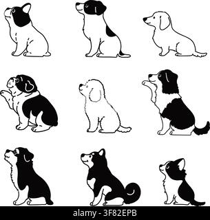 Set of hand drawn cute dogs sitting in side view illustrations with only outlines Stock Vector