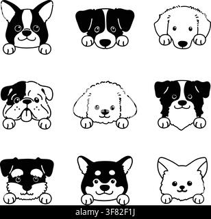 Set of hand drawn various cute dog faces with paws only outlines Stock Vector