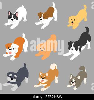 Simple and cute illustrations of adorable dogs being playful flat colored Stock Vector