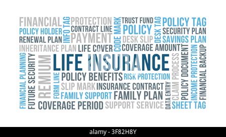Life insurance word cloud design, life insurance coverage and family protection concept for financial security Stock Vector