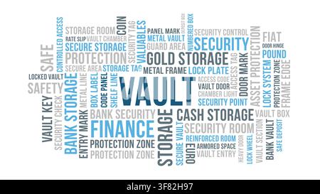 Vault security word cloud design, vault protection theme in blue and gray for finance storage Stock Vector