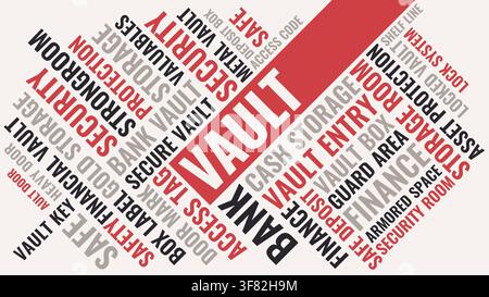 Vault security word cloud design, vault protection concept word cloud for bank safety and storage Stock Vector