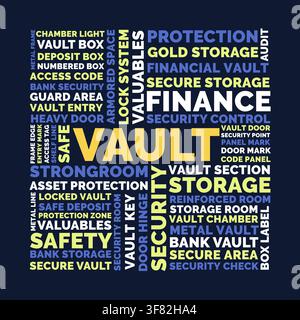 Vault security word cloud design, vault protection and finance storage terms in modern square layout Stock Vector