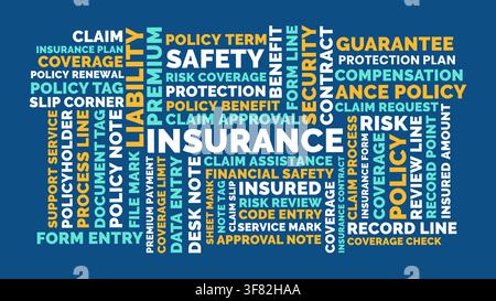 Insurance word cloud design, insurance coverage and liability concept for policy protection and financial safety Stock Vector