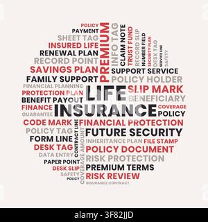 Life insurance word cloud design, life insurance financial protection and future security concept in round layout Stock Vector