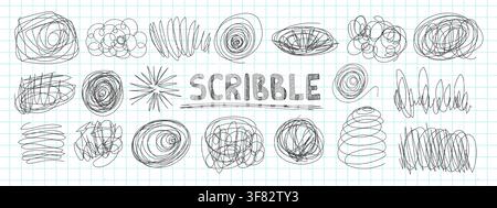 Chaotic pen sketches with tangled scribble lines and doodle circles vector illustration set. Stock Vector