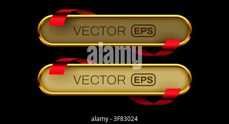 Golden button frames with red ribbons for web UI design. Decorative luxury element. Vector illustration Stock Vector