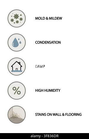 Set of home maintenance and moisture control icons, mold and mildew, condensation, dampness, high humidity, and stains on wall and flooring, vector Stock Vector