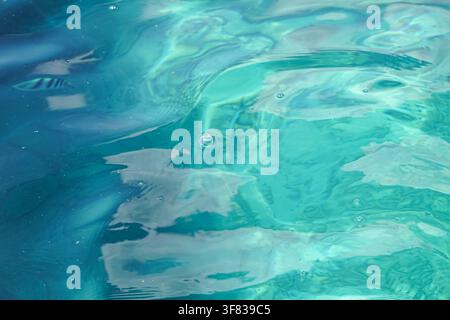 Soft focus image showing blue and green hues resembling ocean water with light reflections. Stock Photo
